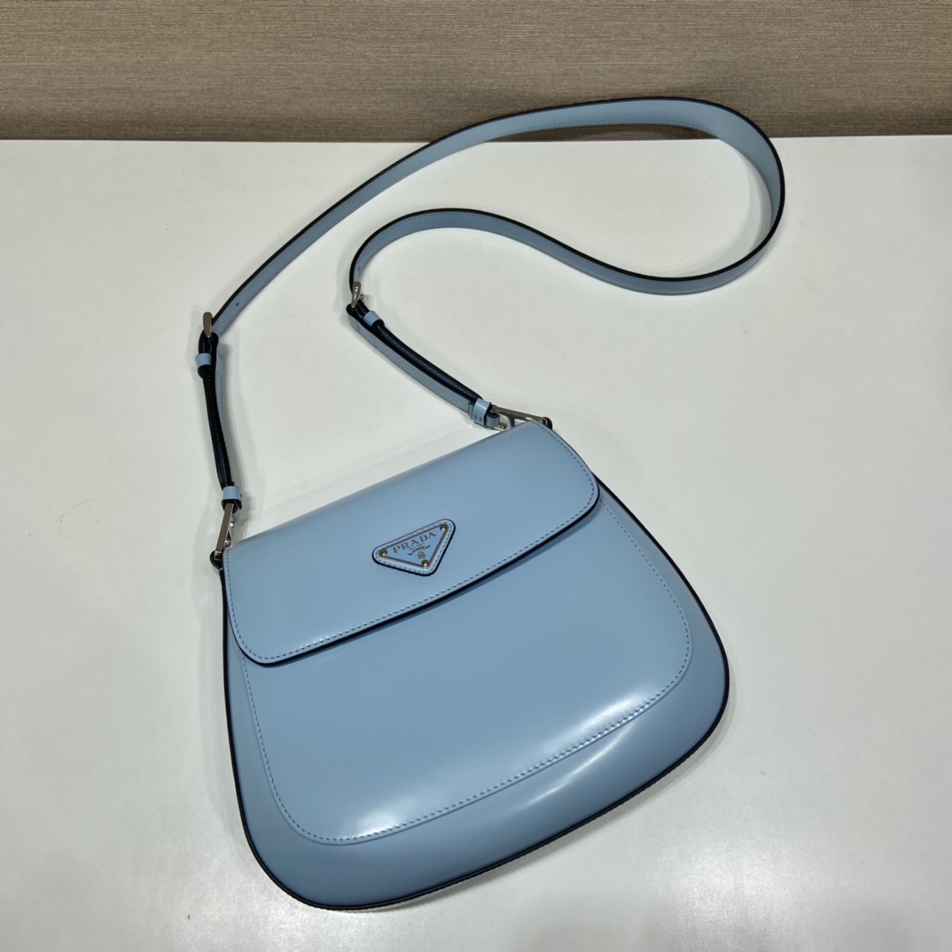 Prada Cleo Brushed Leather Shoulder Bag With Flap Light Blue 1BD303